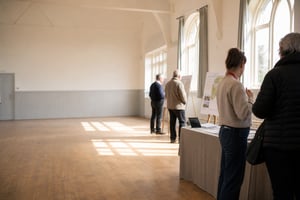 Community members reviewing consultation display boards.