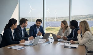 Professionals discussing renewable energy stakeholder management strategy