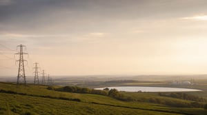 UK electricity pylons, a reservoir and gas infrastructure