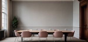 Calm, modern meeting room with a long table and blush chairs, ready for a stakeholder engagement session
