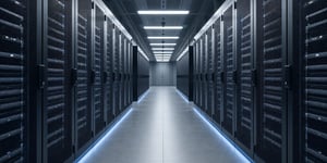 A symmetrical aisle of server racks in a UK data centre