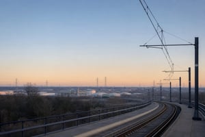 A modern tram line curving through a UK city at dawn, with electricity pylons and industrial infrastructure on the horizon under an open sky.