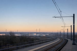 A modern tram line curving through a UK city at dawn, with electricity pylons and industrial infrastructure on the horizon under an open sky.