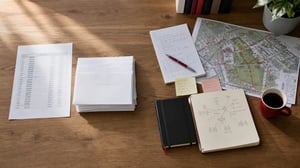 Overhead view of a wooden office desk: a single printed contact list and a stack of envelopes on one side, and handwritten meeting notes, a marked-up site map and a notebook sketch linking people on the other.