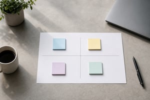 Printed power-interest grid with sticky notes on a desk, used for stakeholder mapping.