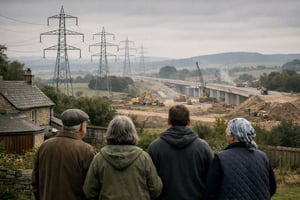 Residents looking at a construction site for a large infrastructure project 