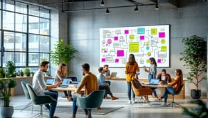 The image depicts a modern office space filled with diverse employees engaged in collaborative work Brightly lit by large windows the room features sleek furniture and minimalist decor with a mix of standing and seated workstations A large screen dis