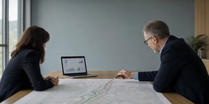 Two engagement professionals reviewing a project map and stakeholder dashboard in a meeting room while planning a stakeholder engagement programme.