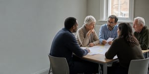 People reviewing feedback at a public consultation meeting