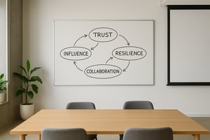 office white board showing the connection between trust, resilience, collaboration and influence