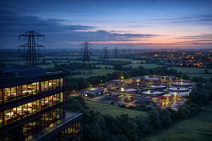 aerial view of UK utility infrastructure at dusk