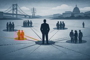 Illustration showing a professional at the centre of a stakeholder network, with connecting lines of varying strength linking to surrounding groups — some solid, some broken — against a backdrop of large infrastructure including a bridge and utility tower.