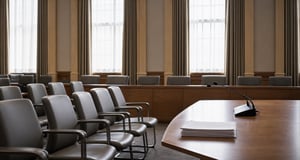 Empty council committee room with rows of chairs, a long table and a single microphone, lit by daylight through tall windows