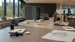Shared meeting table in a bright modern office, with notebooks, laptops, lanyards and a printed site plan left by different teams