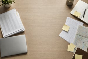 An overhead view of a desk with a neat stack of contact lists on one side and scattered handwritten meeting notes and a marked-up map on the other.